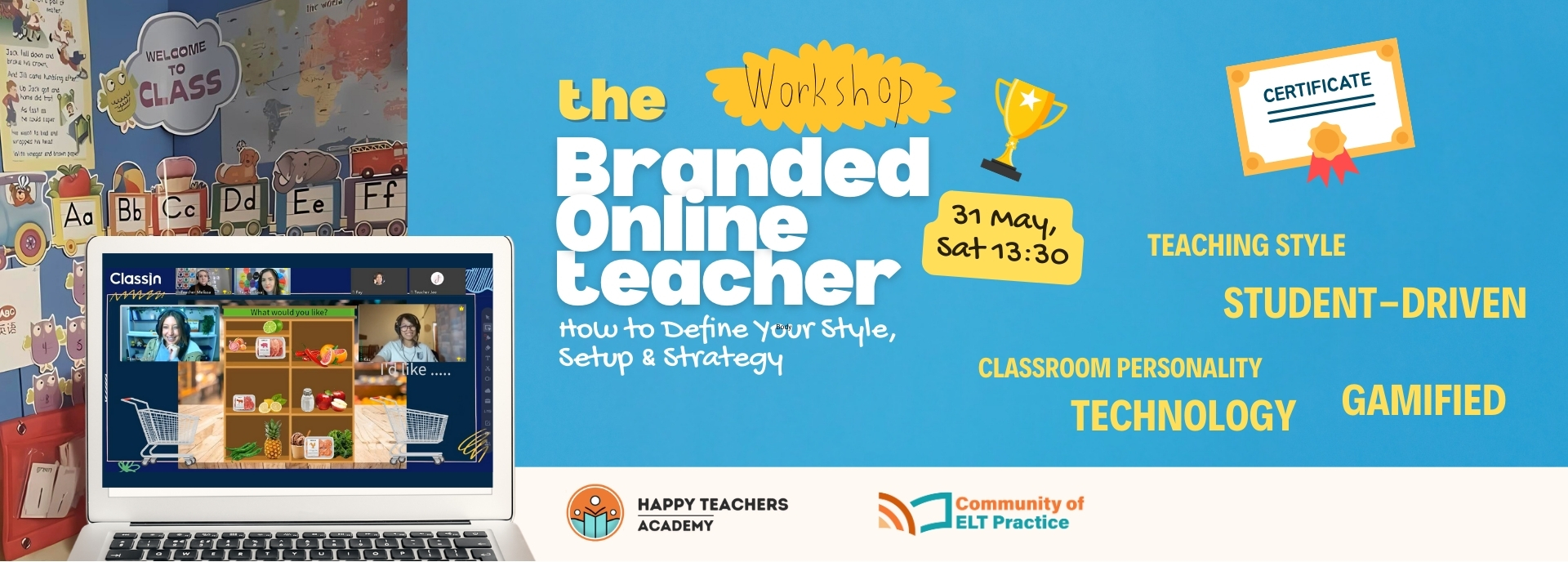 Branded Online Teacher Workshop Flyer with Laptop and Classroom